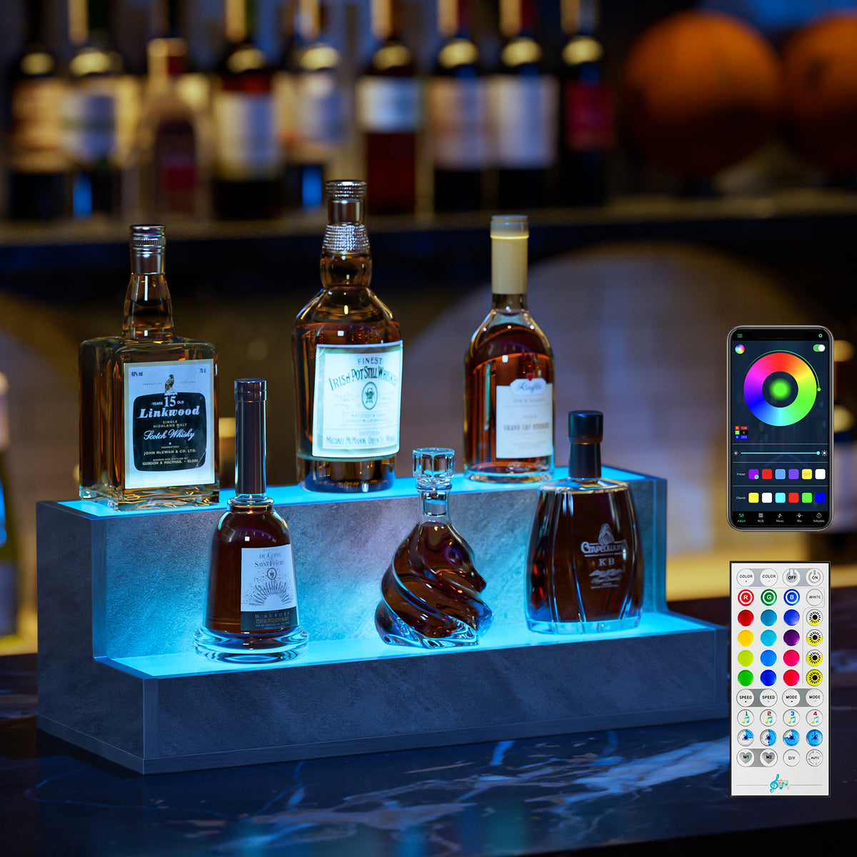 AEELLEEA 20 in LED Liquor Bottle Display Shelf, 2-Tier Bar Shelf with App & Remote Control, 16 Colors, Music Sync, Cement Gray