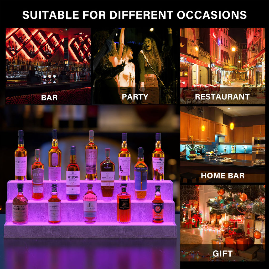 AEELLEEA 37" LED Liquor Bottle Display Shelf, 3-Tier Grey Bar Shelf with App & Remote Control, Music Sync, 16 Colors