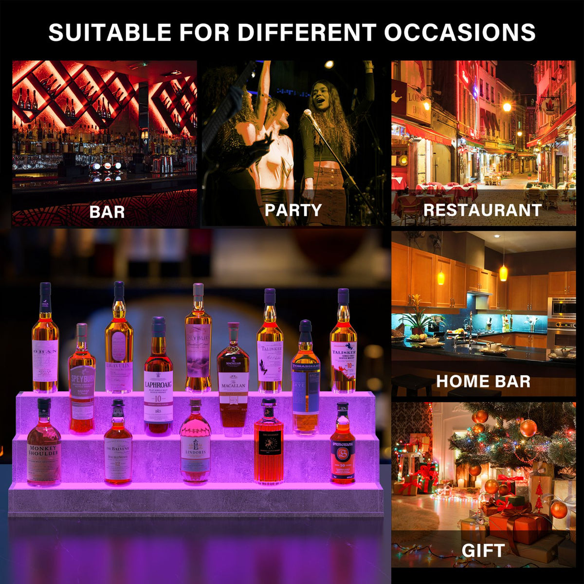 AEELLEEA 37" LED Liquor Bottle Display Shelf, 3-Tier Grey Bar Shelf with App & Remote Control, Music Sync, 16 Colors