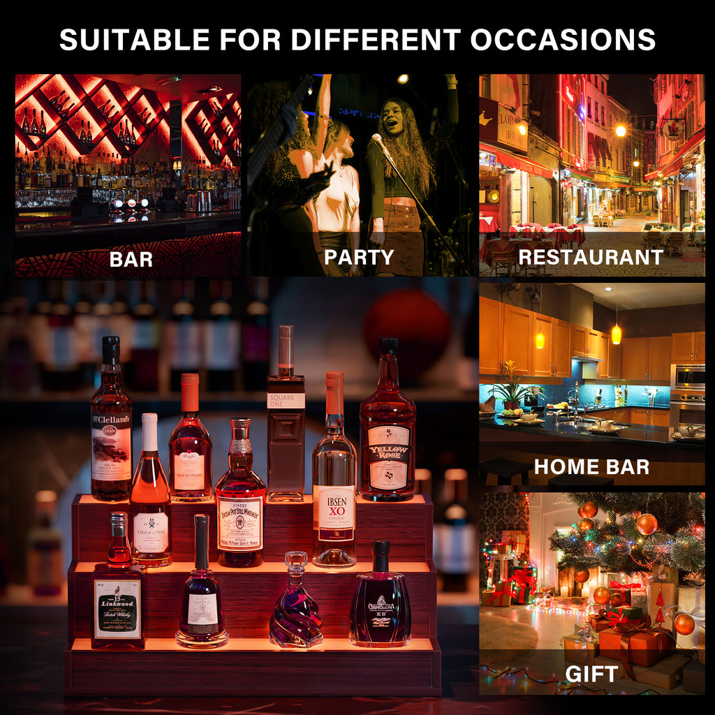 AEELLEEA 24" LED Liquor Bottle Display Shelf, 3-Tier Walnut Bar Shelf with App & Remote Control, Music Sync, 16 Colors