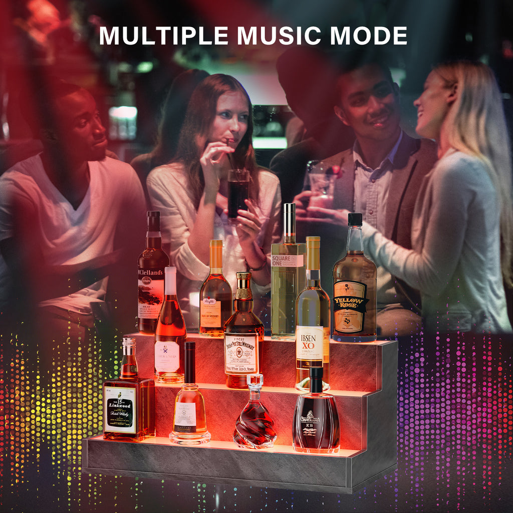 AEELLEEA 24" LED Liquor Bottle Display Shelf, 3-Tier Grey Bar Shelf with App & Remote Control, Music Sync, 16 Colors