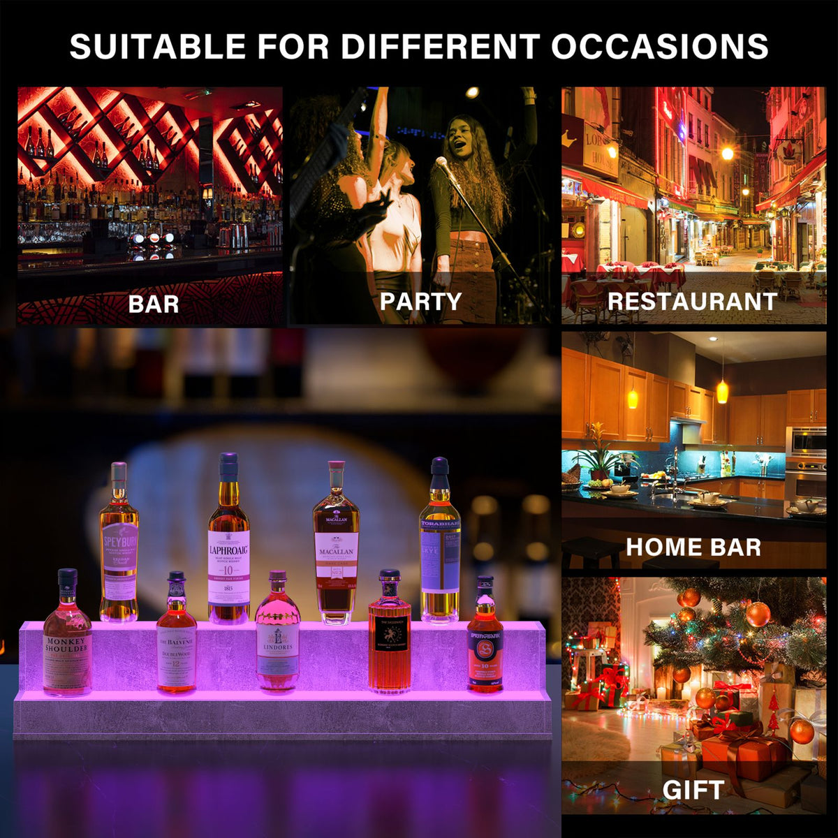 AEELLEEA 37.4" LED Liquor Bottle Display Shelf, 2-Tier Grey Bar Shelf with App & Remote Control, Music Sync, 16 Colors