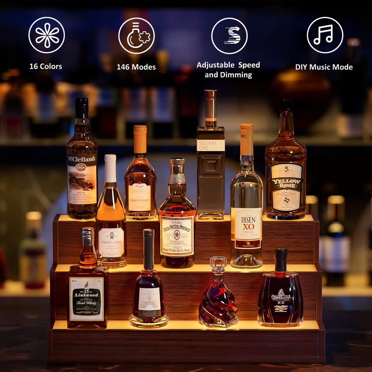 AEELLEEA 24" LED Liquor Bottle Display Shelf, 3-Tier Walnut Bar Shelf with App & Remote Control, Music Sync, 16 Colors