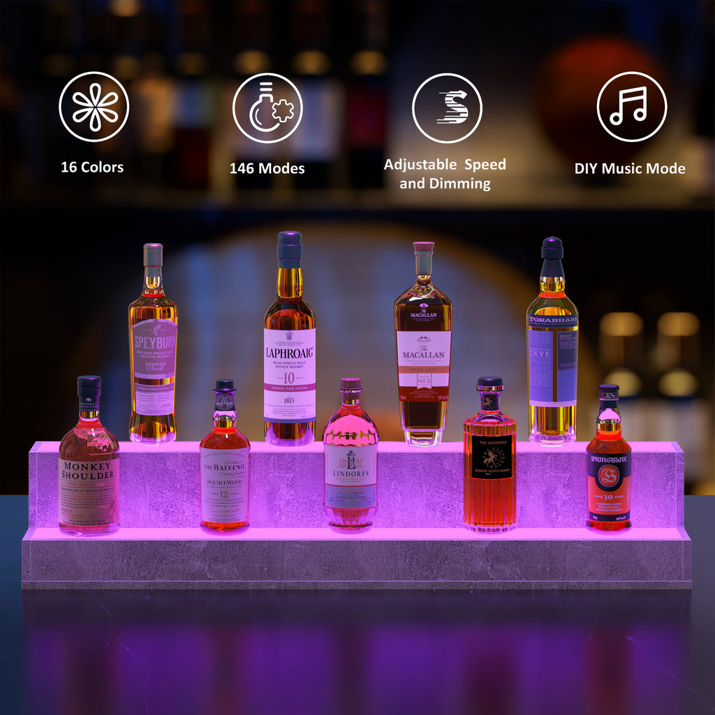 AEELLEEA 37.4" LED Liquor Bottle Display Shelf, 2-Tier Grey Bar Shelf with App & Remote Control, Music Sync, 16 Colors