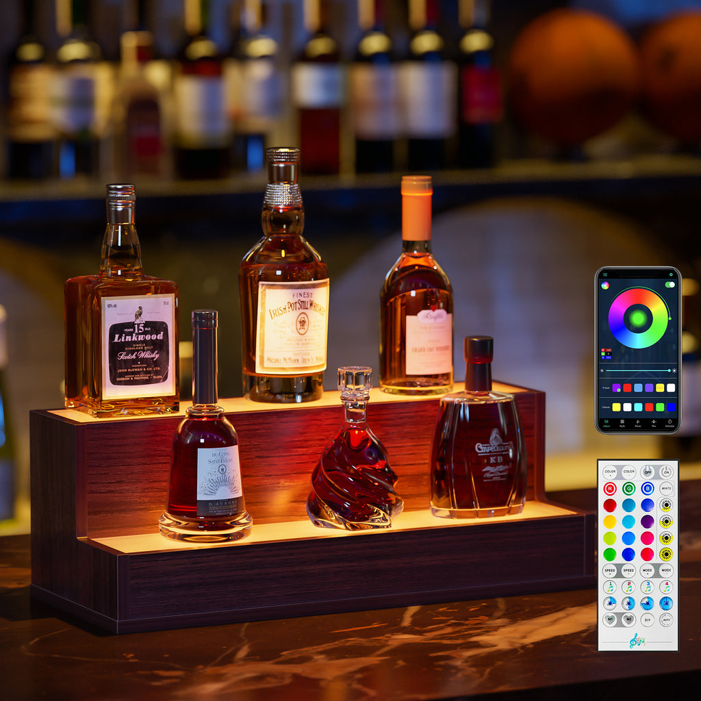 AEELLEEA 20 in LED Liquor Bottle Display Shelf, 2-Tier Walnut Bar Shelf with App & Remote Control, Music Sync, 16 Colors