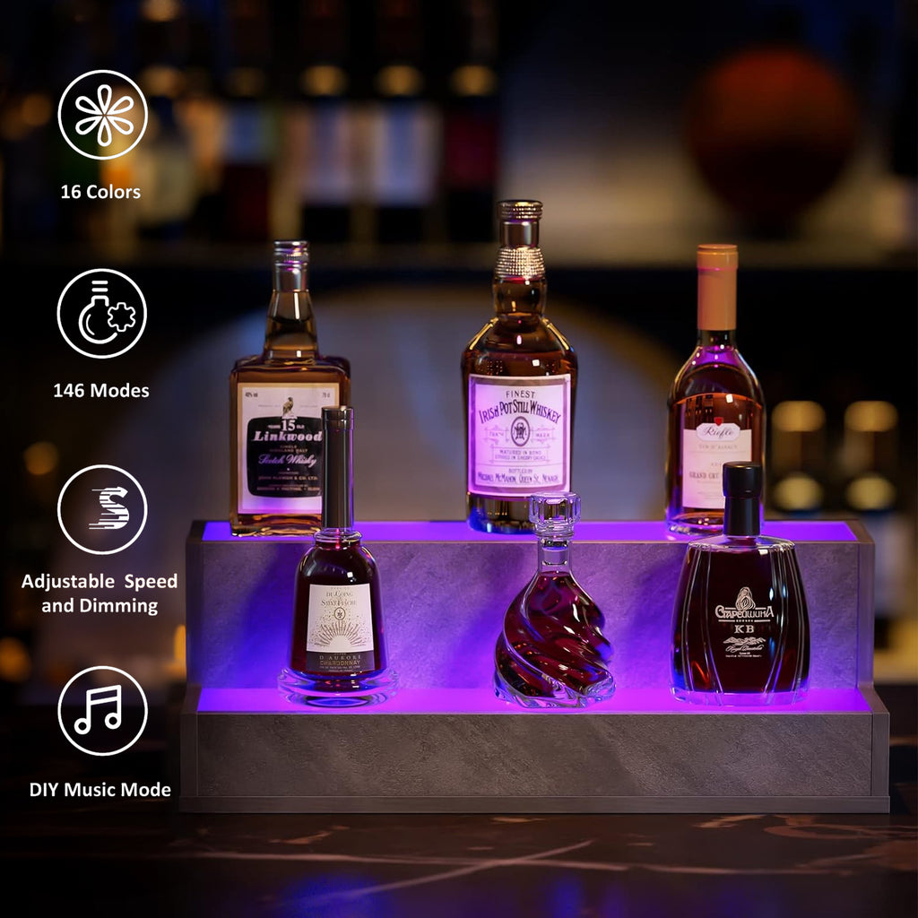 AEELLEEA 20 in LED Liquor Bottle Display Shelf, 2-Tier Bar Shelf with App & Remote Control, 16 Colors, Music Sync, Cement Gray