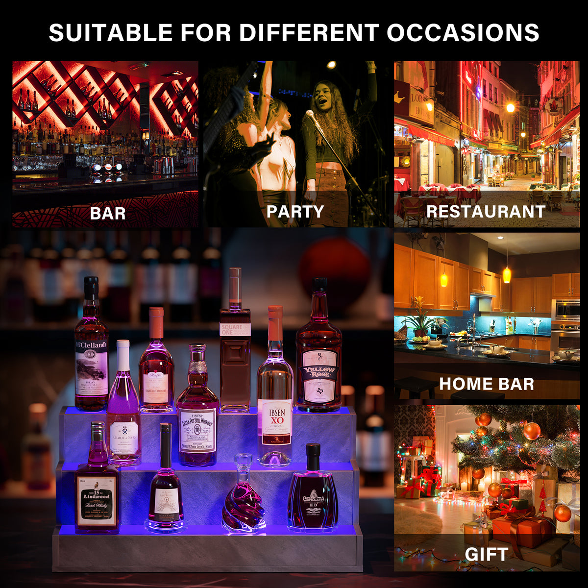 AEELLEEA 24" LED Liquor Bottle Display Shelf, 3-Tier Grey Bar Shelf with App & Remote Control, Music Sync, 16 Colors