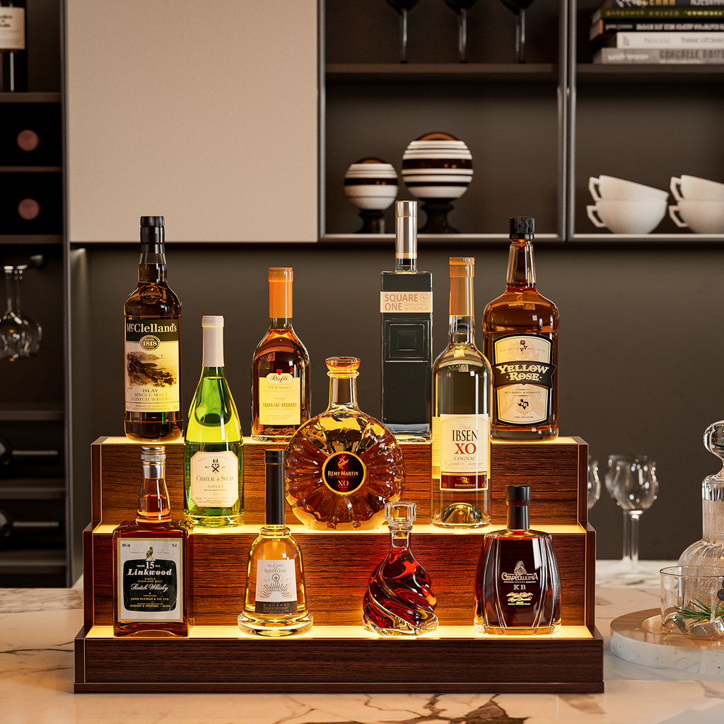 AEELLEEA 24" LED Liquor Bottle Display Shelf, 3-Tier Walnut Bar Shelf with App & Remote Control, Music Sync, 16 Colors