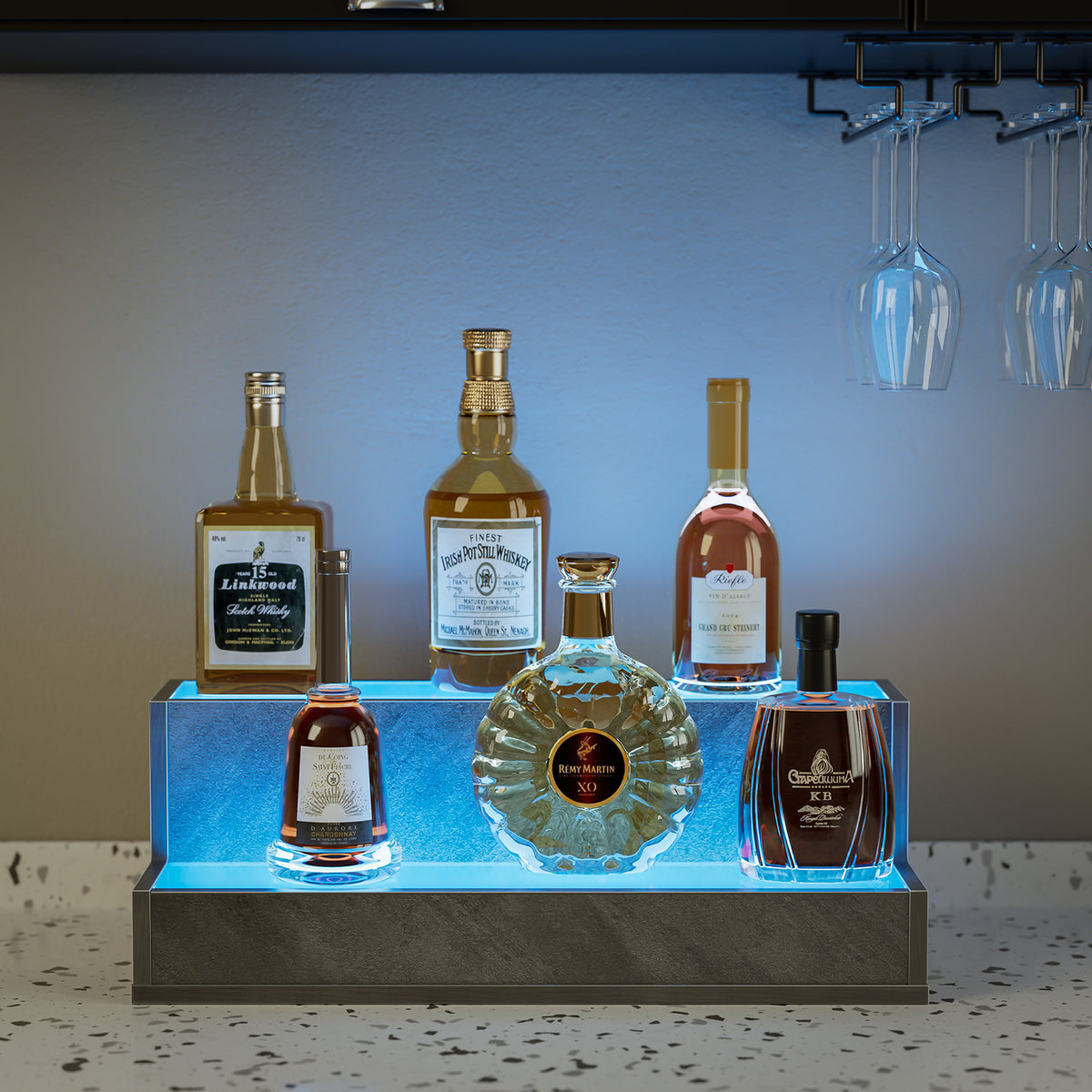 AEELLEEA 20 in LED Liquor Bottle Display Shelf, 2-Tier Bar Shelf with App & Remote Control, 16 Colors, Music Sync, Cement Gray