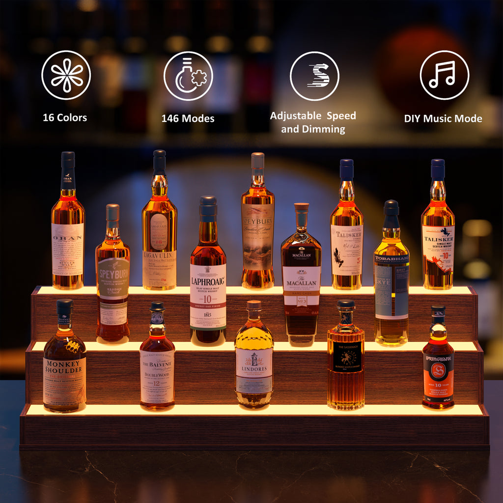 AEELLEEA 37" LED Liquor Bottle Display Shelf, 3-Tier Walnut Bar Shelf with App & Remote Control, Music Sync, 16 Colors