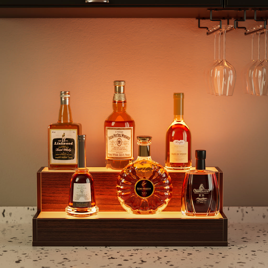 AEELLEEA 20 in LED Liquor Bottle Display Shelf, 2-Tier Walnut Bar Shelf with App & Remote Control, Music Sync, 16 Colors