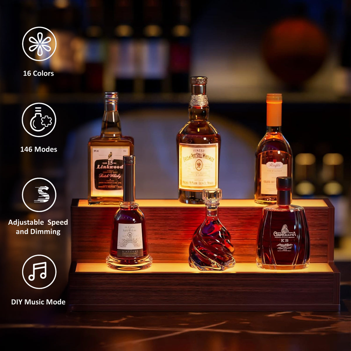 AEELLEEA 20 in LED Liquor Bottle Display Shelf, 2-Tier Walnut Bar Shelf with App & Remote Control, Music Sync, 16 Colors