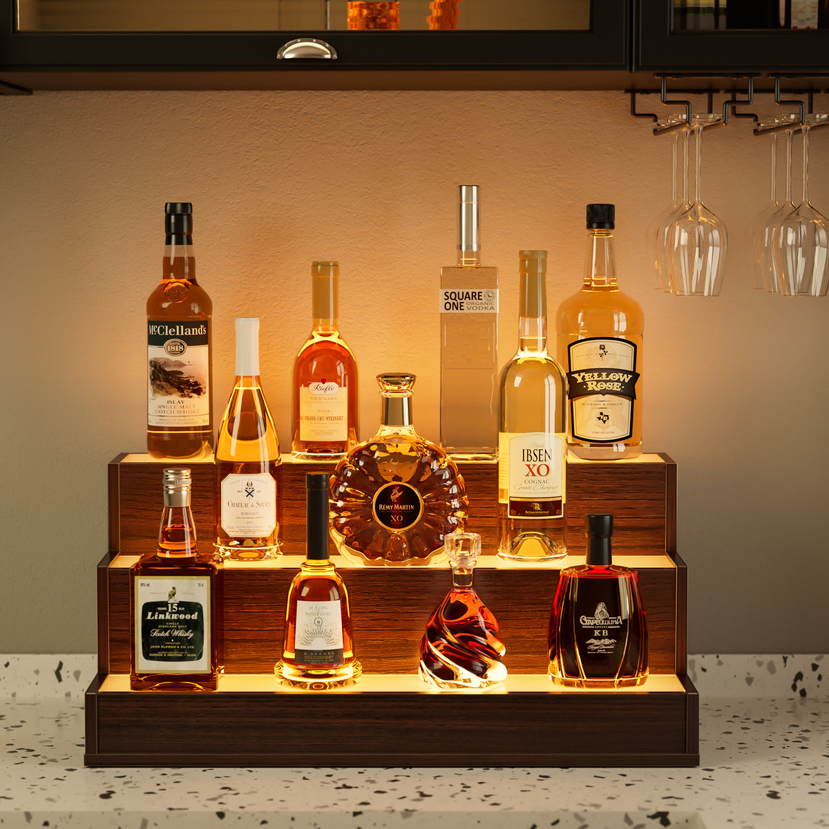 AEELLEEA 24" LED Liquor Bottle Display Shelf, 3-Tier Walnut Bar Shelf with App & Remote Control, Music Sync, 16 Colors