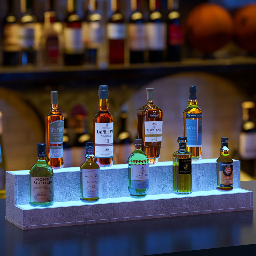 AEELLEEA 37.4" LED Liquor Bottle Display Shelf, 2-Tier Grey Bar Shelf with App & Remote Control, Music Sync, 16 Colors