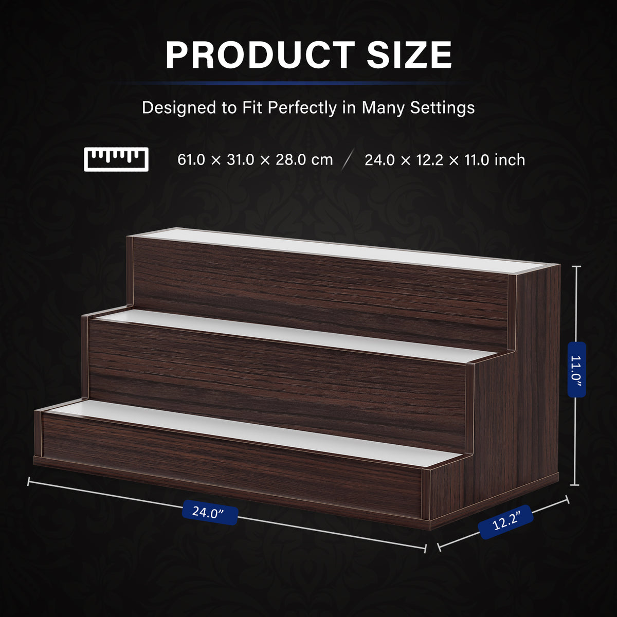 AEELLEEA 24" LED Liquor Bottle Display Shelf, 3-Tier Walnut Bar Shelf with App & Remote Control, Music Sync, 16 Colors