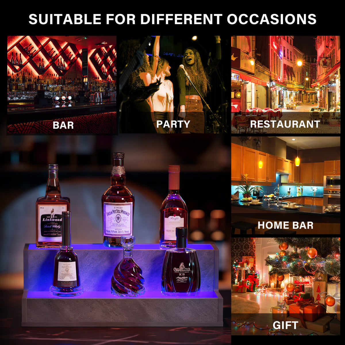AEELLEEA 20 in LED Liquor Bottle Display Shelf, 2-Tier Bar Shelf with App & Remote Control, 16 Colors, Music Sync, Cement Gray
