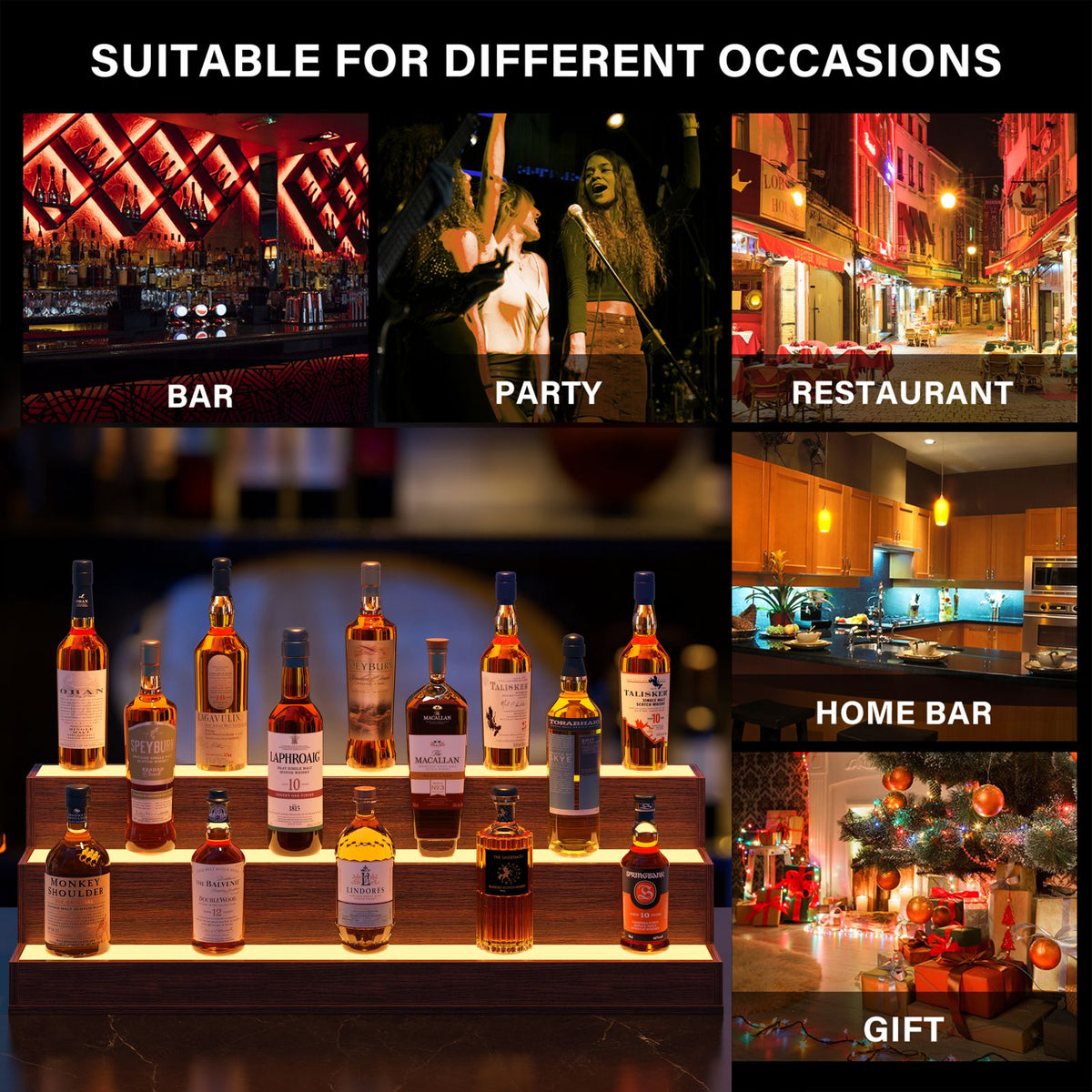 AEELLEEA 37" LED Liquor Bottle Display Shelf, 3-Tier Walnut Bar Shelf with App & Remote Control, Music Sync, 16 Colors