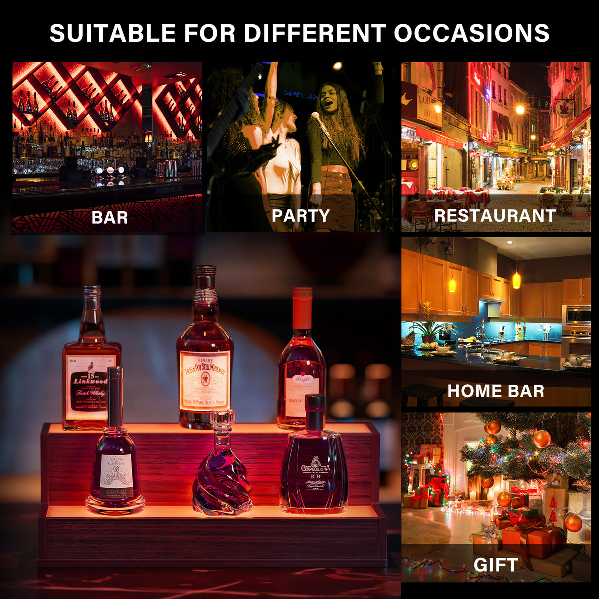 AEELLEEA 20 in LED Liquor Bottle Display Shelf, 2-Tier Walnut Bar Shelf with App & Remote Control, Music Sync, 16 Colors