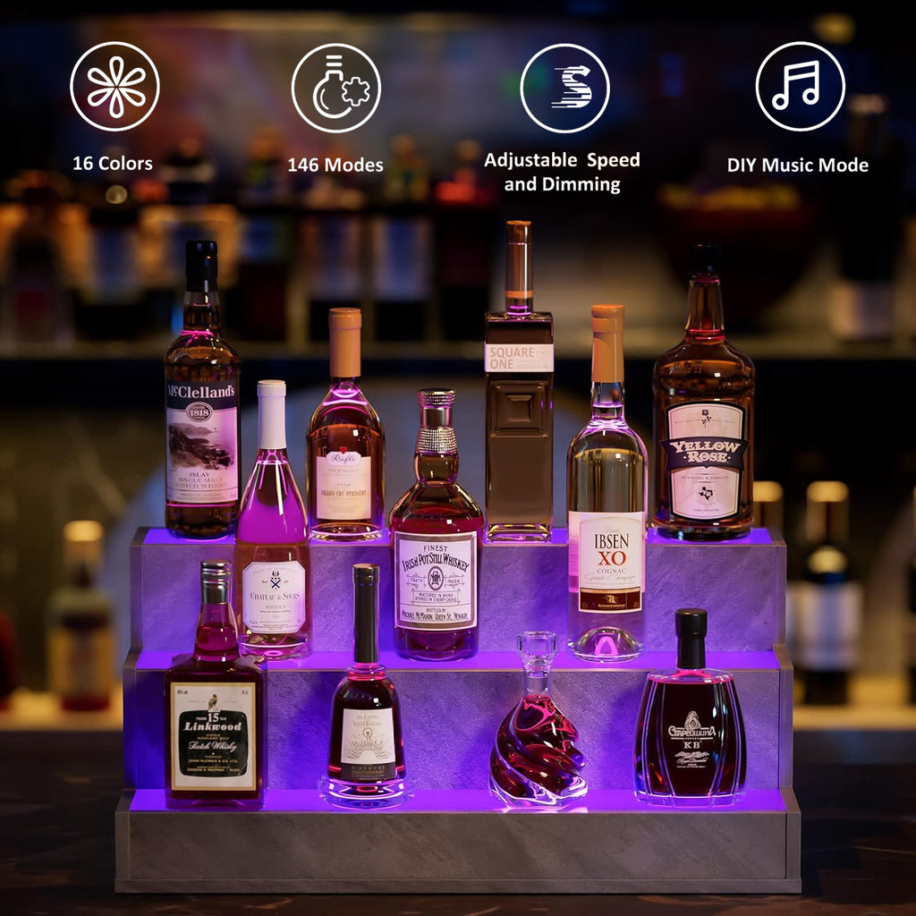 AEELLEEA 24" LED Liquor Bottle Display Shelf, 3-Tier Grey Bar Shelf with App & Remote Control, Music Sync, 16 Colors