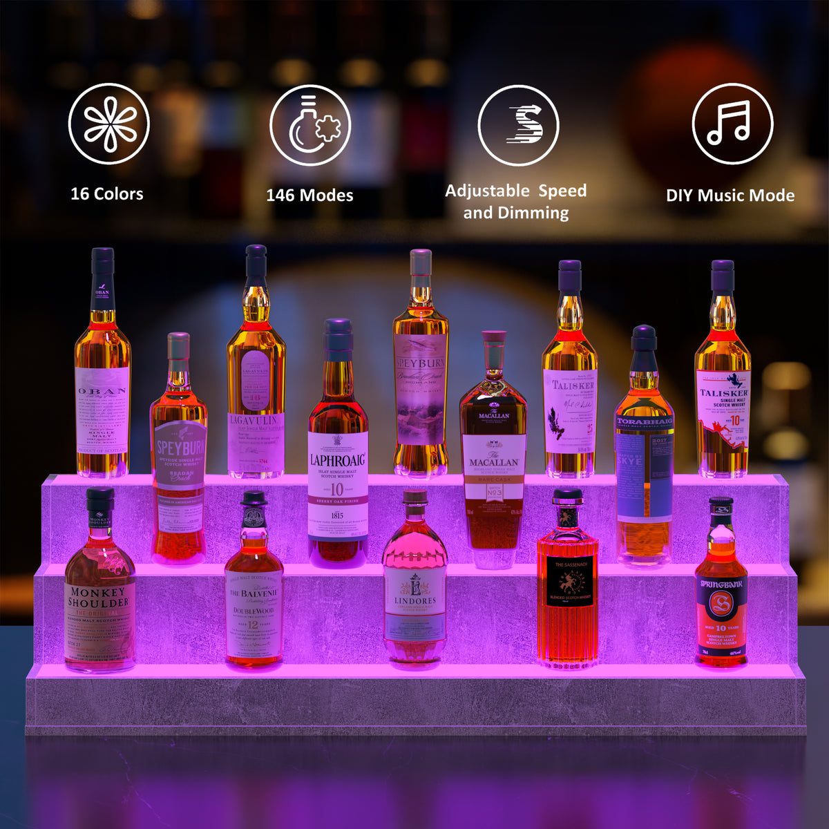 AEELLEEA 37" LED Liquor Bottle Display Shelf, 3-Tier Grey Bar Shelf with App & Remote Control, Music Sync, 16 Colors