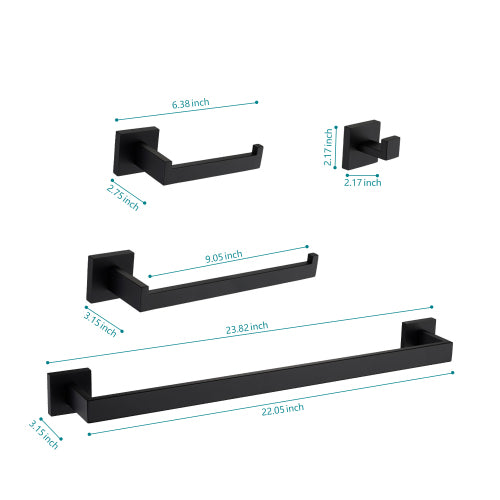 AEELLEEA 5-Piece Matte Black Bathroom Hardware Set, 23.82" Towel Bar Toilet Paper Holder 2 Robe Hooks Wall Mount Accessory Kit