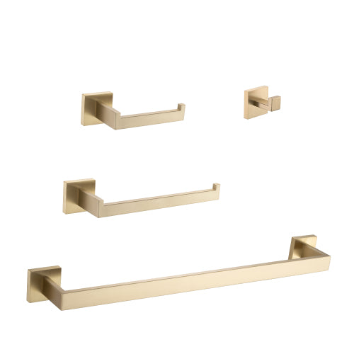 AEELLEEA Brushed Gold Bathroom Hardware Set of 4, Square Wall Mount Towel Bar, Toilet Paper Holder & Robe Hook for Bathroom