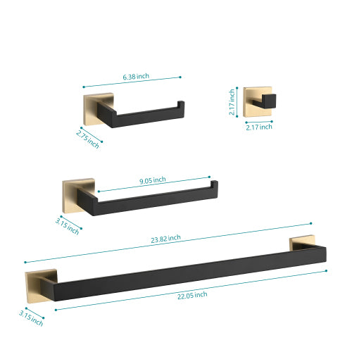 AEELLEEA 4-Piece Black and Gold Bathroom Hardware Set, 23.82" Towel Bar Toilet Paper Holder Robe Hook Wall Mount Accessory Kit