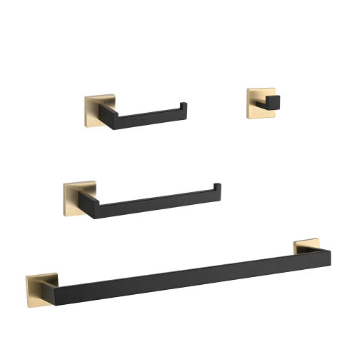 AEELLEEA 4-Piece Black and Gold Bathroom Hardware Set, 23.82" Towel Bar Toilet Paper Holder Robe Hook Wall Mount Accessory Kit
