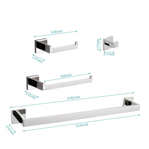 AEELLEEA 4-Piece Polished Chrome Square Bathroom Hardware Set, Wall Mount Towel Bar, Toilet Paper Holder & Robe Hook