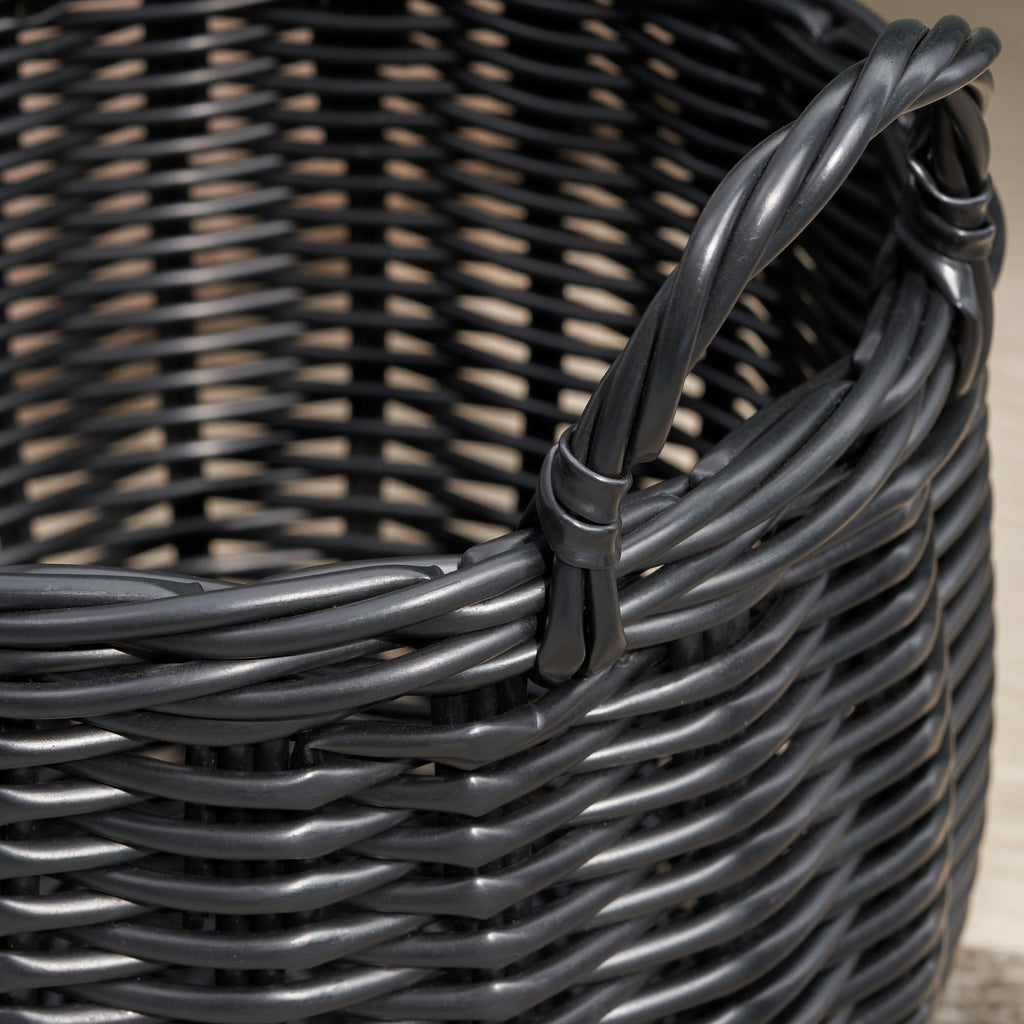 Black Round Resin Woven Storage Basket with Handles 13" x 13" x 10.2" Multi-Use Organizer for Towels, Toys, Magazines & Home Decor