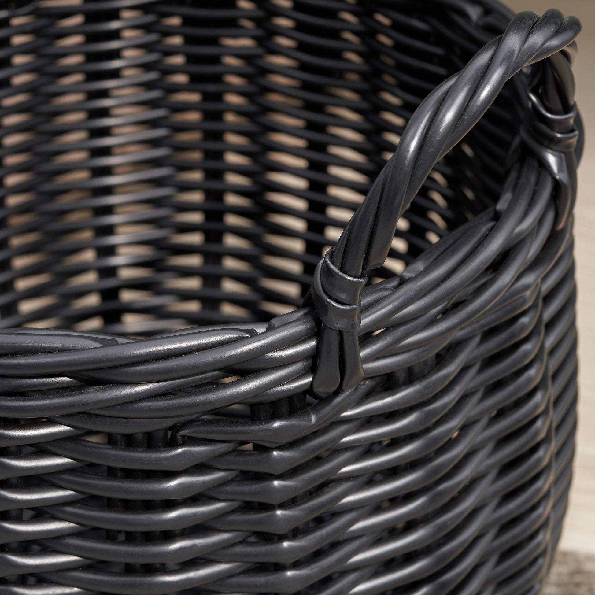 Black Round Resin Woven Storage Basket with Handles 13" x 13" x 10.2" Multi-Use Organizer for Towels, Toys, Magazines & Home Decor