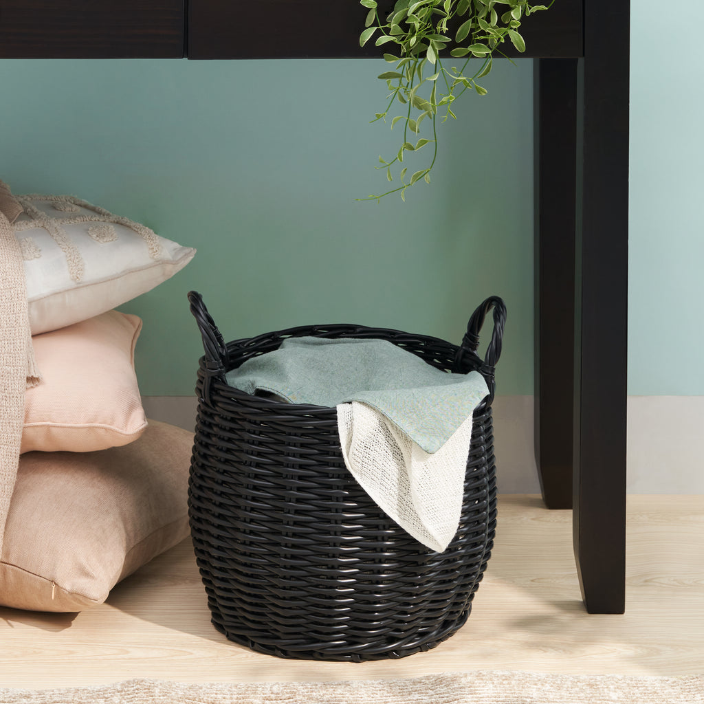 Black Round Resin Woven Storage Basket with Handles 13" x 13" x 10.2" Multi-Use Organizer for Towels, Toys, Magazines & Home Decor