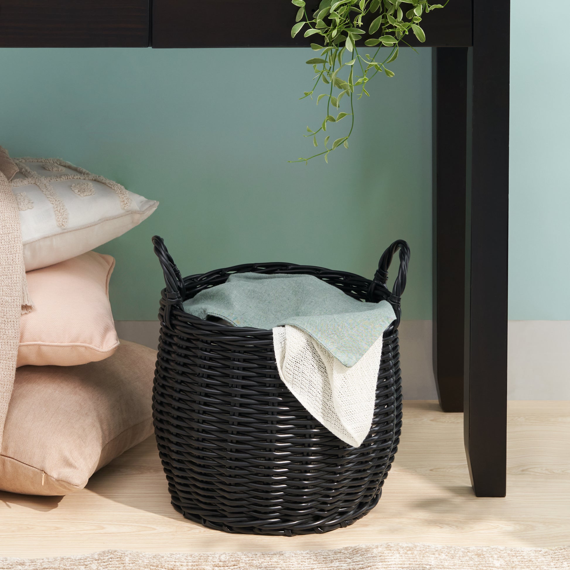 Black Round Resin Woven Storage Basket with Handles 13" x 13" x 10.2" Multi-Use Organizer for Towels, Toys, Magazines & Home Decor