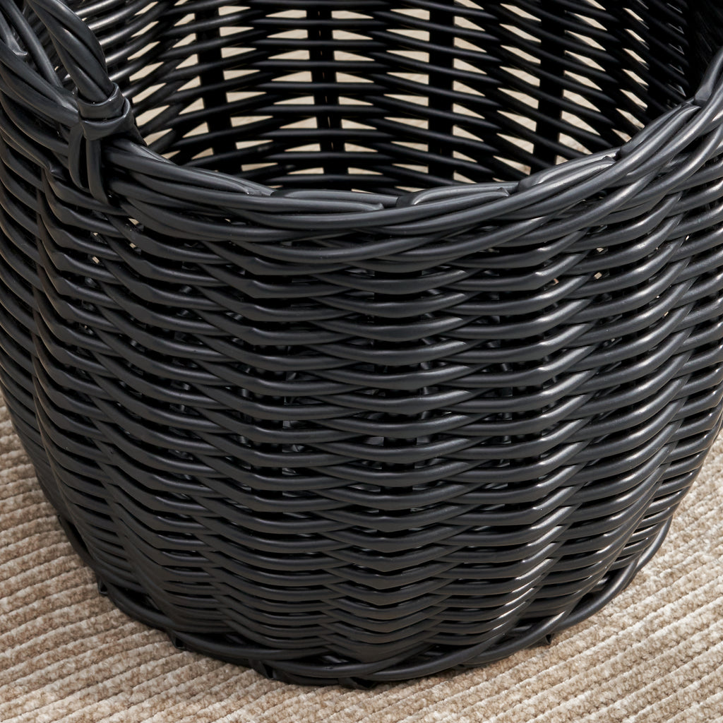 Black Round Resin Woven Storage Basket with Handles 13" x 13" x 10.2" Multi-Use Organizer for Towels, Toys, Magazines & Home Decor