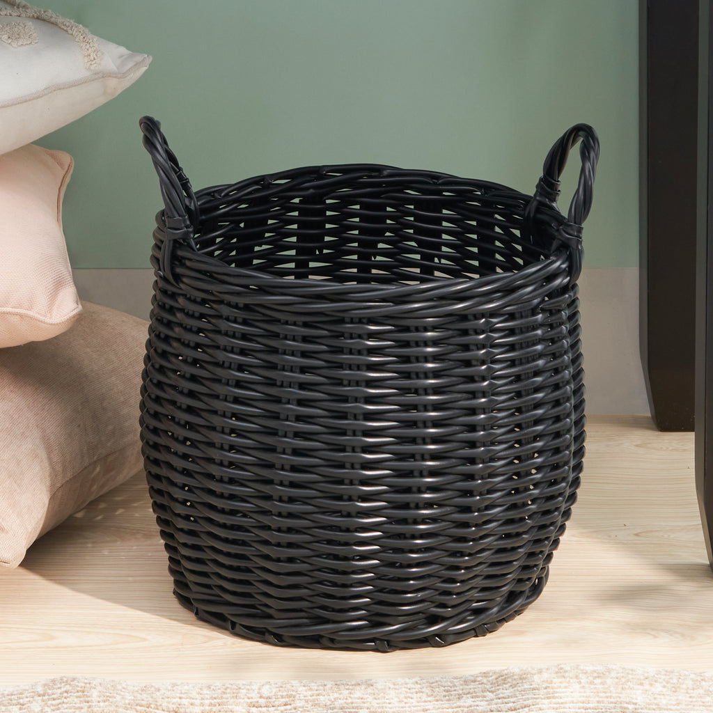 Black Round Resin Woven Storage Basket with Handles 13" x 13" x 10.2" Multi-Use Organizer for Towels, Toys, Magazines & Home Decor
