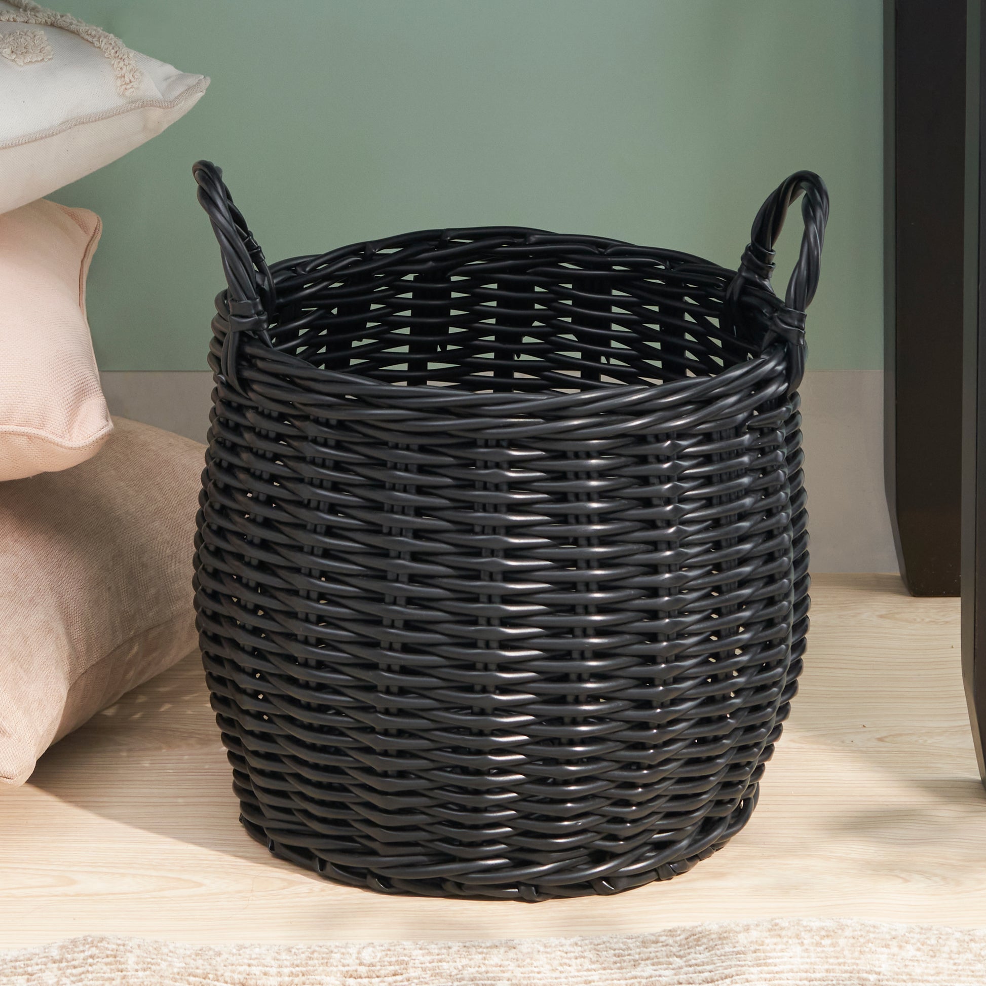 Black Round Resin Woven Storage Basket with Handles 13" x 13" x 10.2" Multi-Use Organizer for Towels, Toys, Magazines & Home Decor