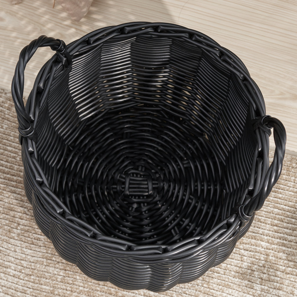 Black Round Resin Woven Storage Basket with Handles 13" x 13" x 10.2" Multi-Use Organizer for Towels, Toys, Magazines & Home Decor