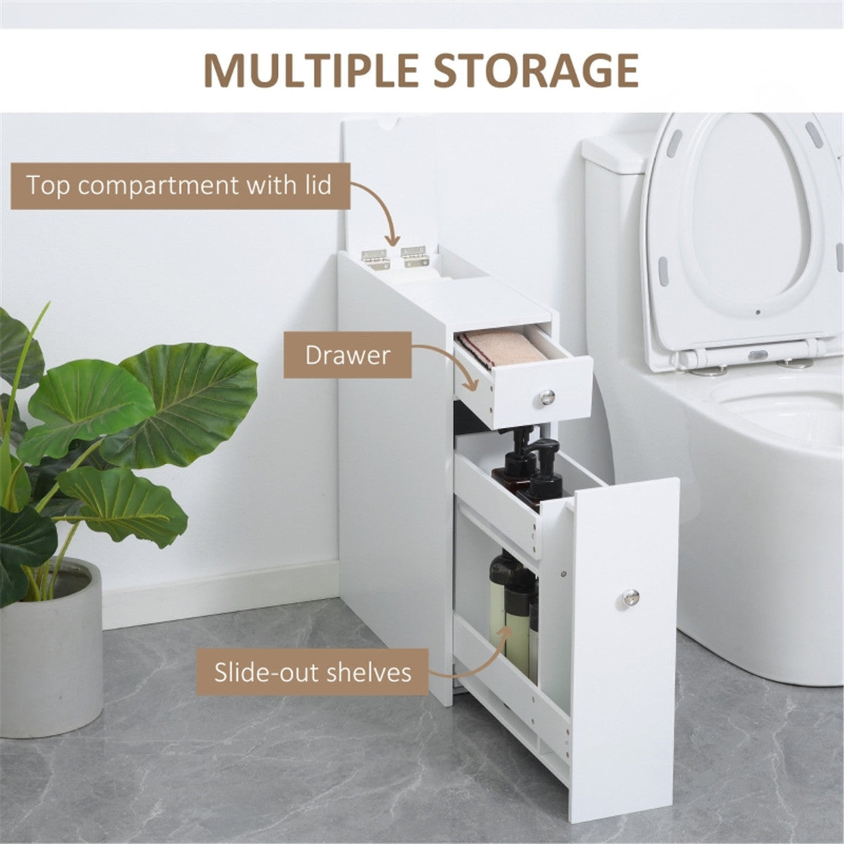 AEELLEEA Slim Bathroom Storage Cabinet, Freestanding Narrow Toilet Side Organizer with Drawer & Slide-out Shelves for Small Spaces