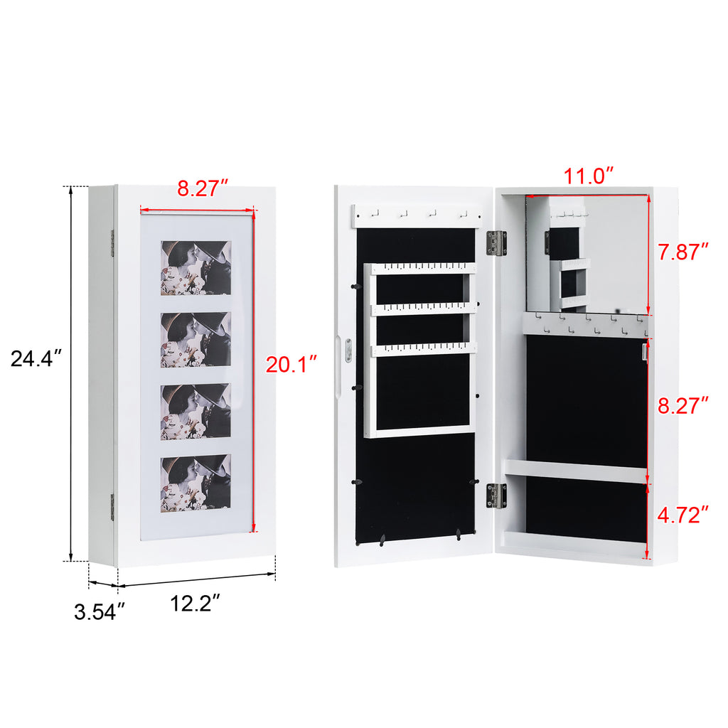 AEELLEEA 24.4"×12.2"×3.54" Wall Mounted Jewelry Armoire, Photo Frame Door Mirrored Jewellery Storage Cabinet