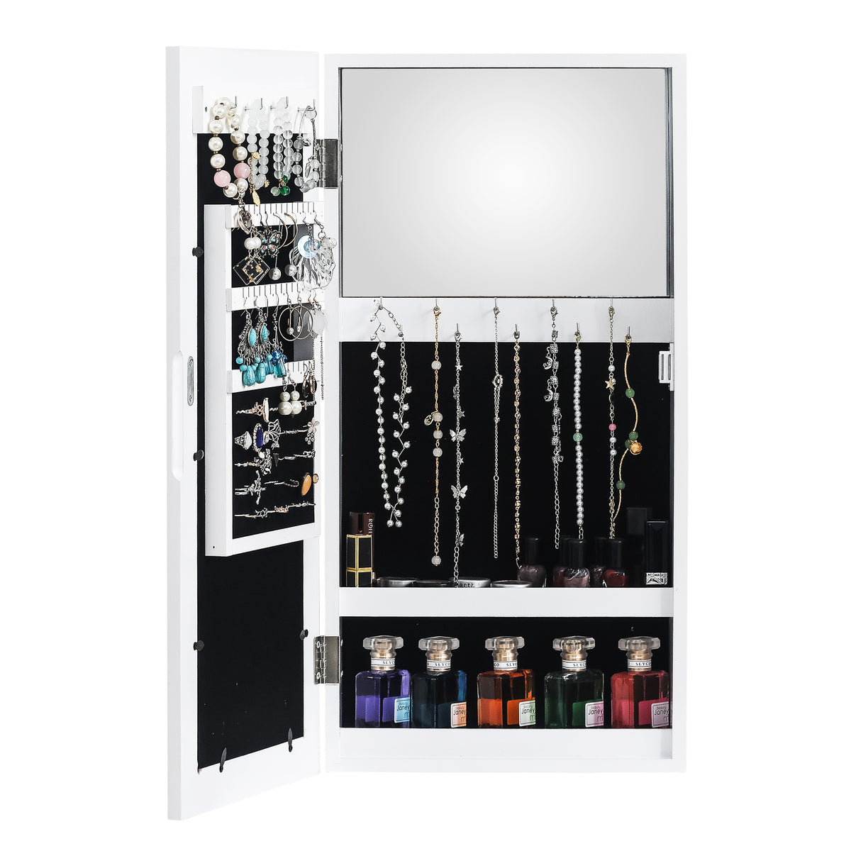 AEELLEEA 24.4"×12.2"×3.54" Wall Mounted Jewelry Armoire, Photo Frame Door Mirrored Jewellery Storage Cabinet