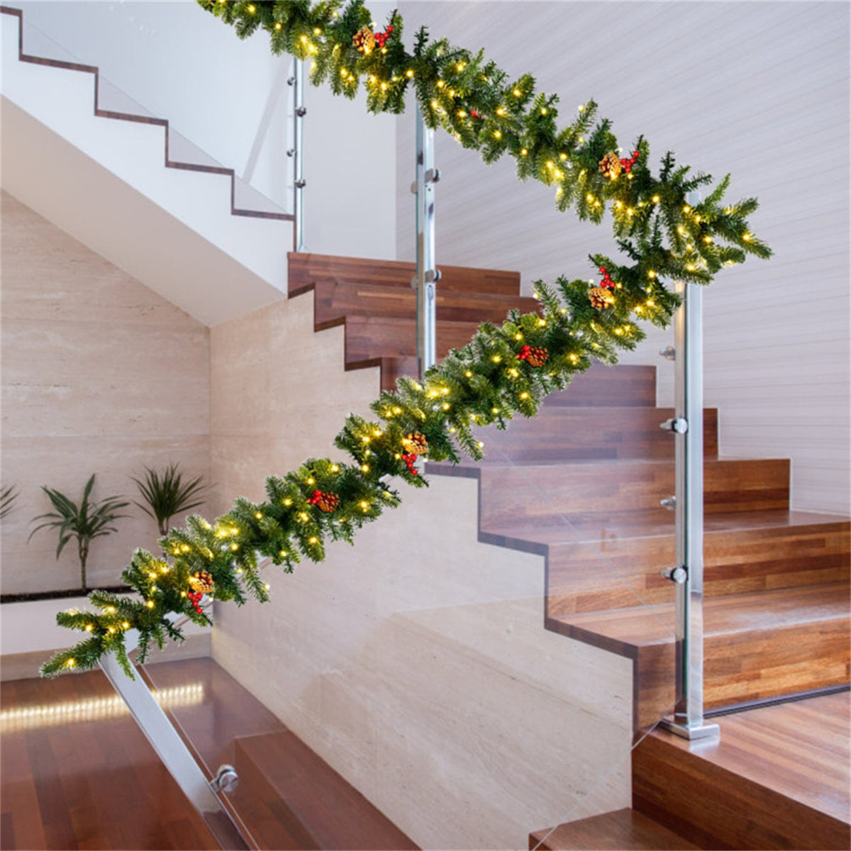 AEELLEEA 9FT Pre-Lit Christmas Garland, Artificial Greenery with Pinecones & Red Berries for Doorway, Stair & Fireplace Holiday Decor