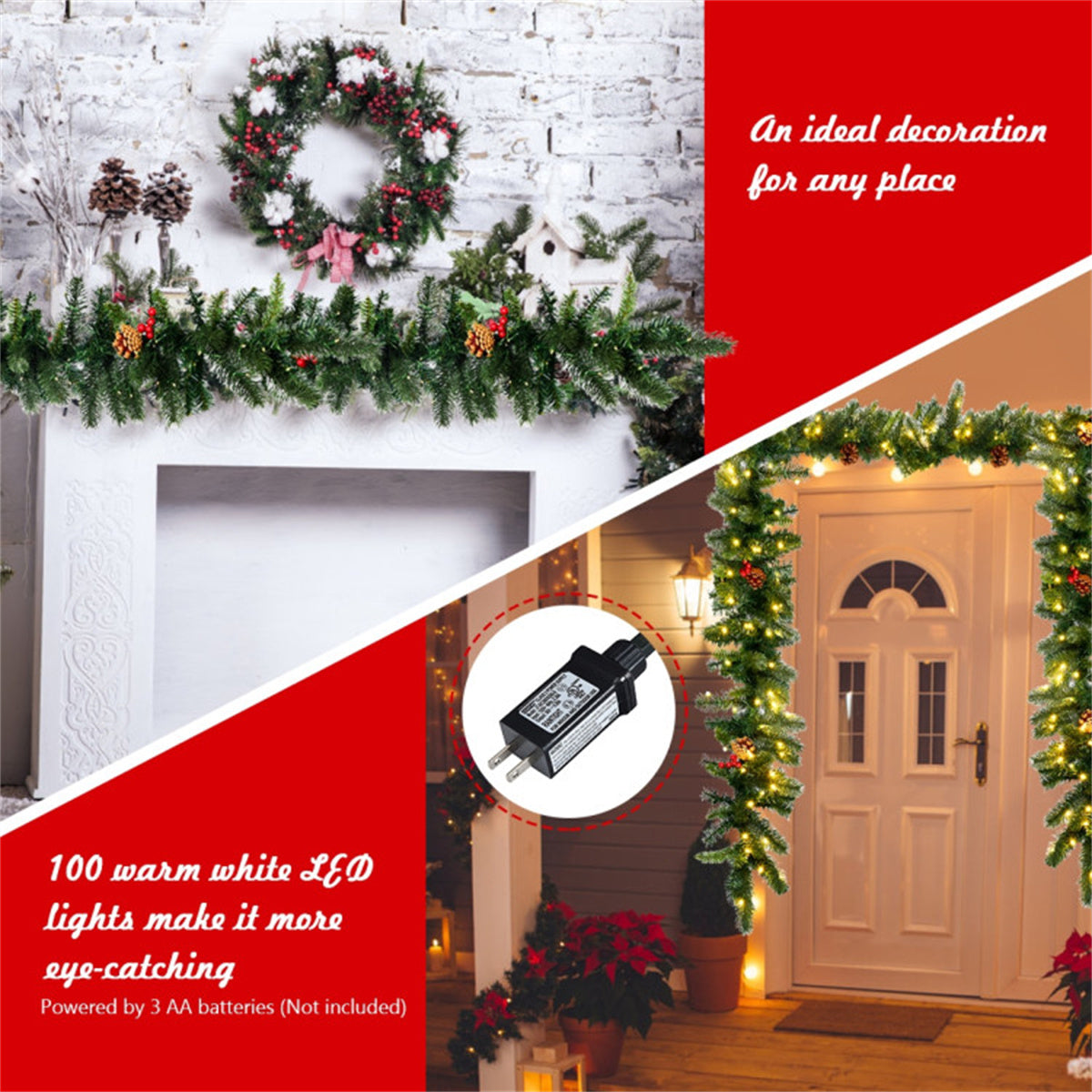 AEELLEEA 9FT Pre-Lit Christmas Garland, Artificial Greenery with Pinecones & Red Berries for Doorway, Stair & Fireplace Holiday Decor
