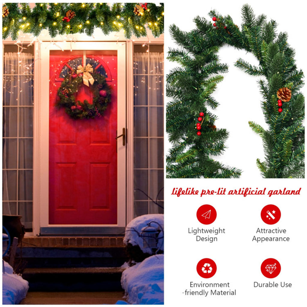AEELLEEA 9FT Pre-Lit Christmas Garland, Artificial Greenery with Pinecones & Red Berries for Doorway, Stair & Fireplace Holiday Decor