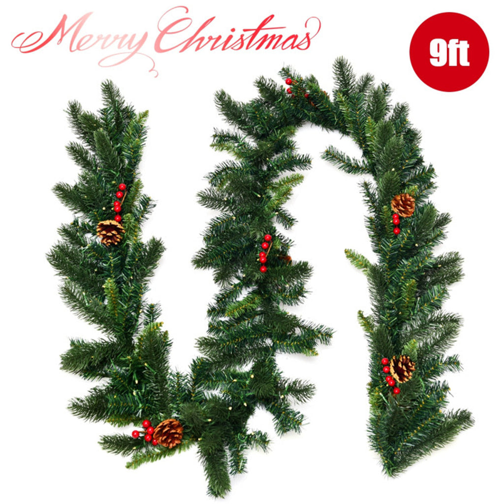 AEELLEEA 9FT Pre-Lit Christmas Garland, Artificial Greenery with Pinecones & Red Berries for Doorway, Stair & Fireplace Holiday Decor