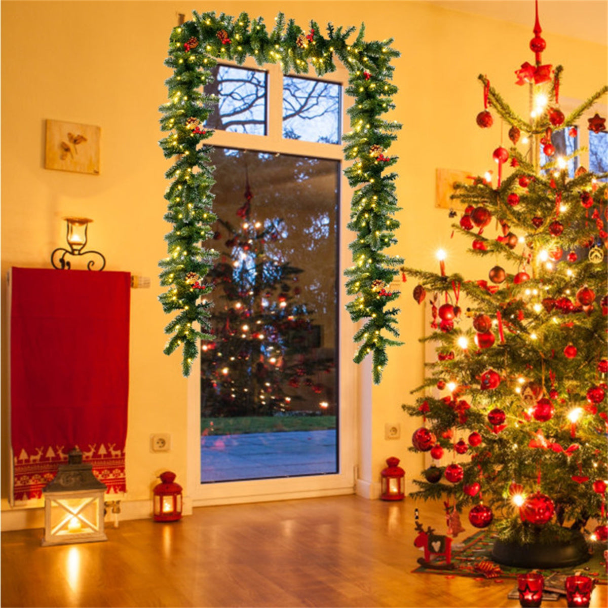 AEELLEEA 9FT Pre-Lit Christmas Garland, Artificial Greenery with Pinecones & Red Berries for Doorway, Stair & Fireplace Holiday Decor