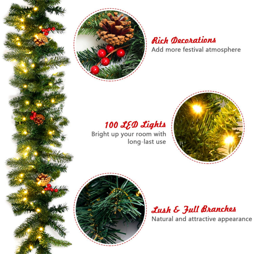 AEELLEEA 9FT Pre-Lit Christmas Garland, Artificial Greenery with Pinecones & Red Berries for Doorway, Stair & Fireplace Holiday Decor