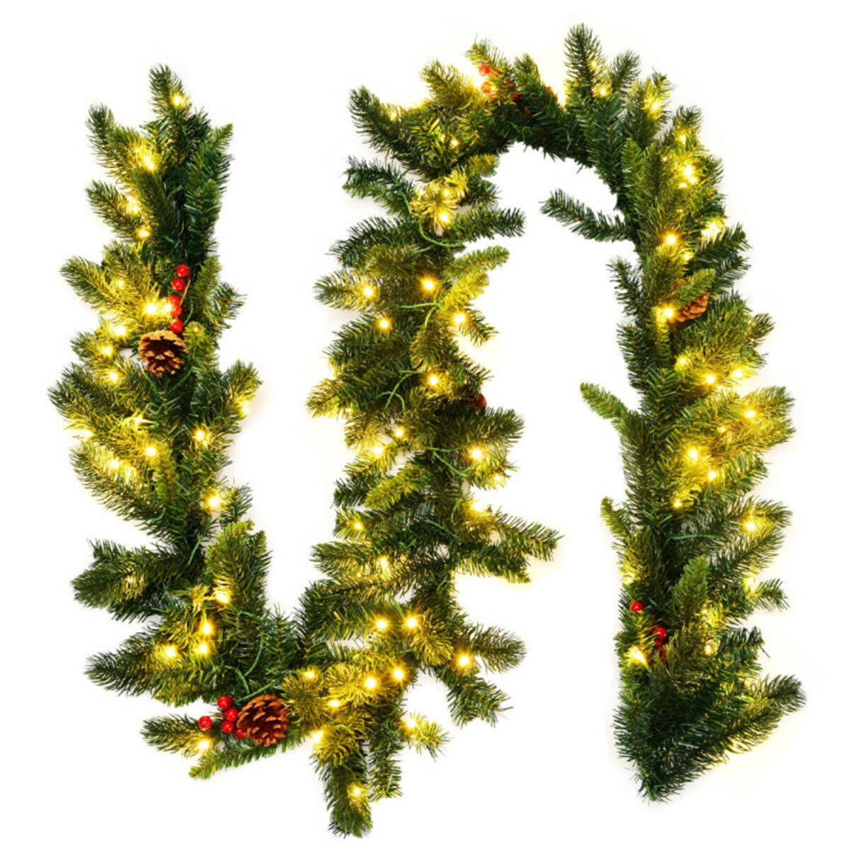 AEELLEEA 9FT Pre-Lit Christmas Garland, Artificial Greenery with Pinecones & Red Berries for Doorway, Stair & Fireplace Holiday Decor