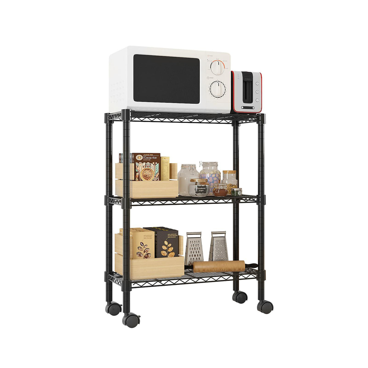 AEELLEEA 3-Tier Black Rolling Wire Storage Cart, Adjustable Metal Shelving Unit with Lockable Wheels for Kitchen Microwave Organizer