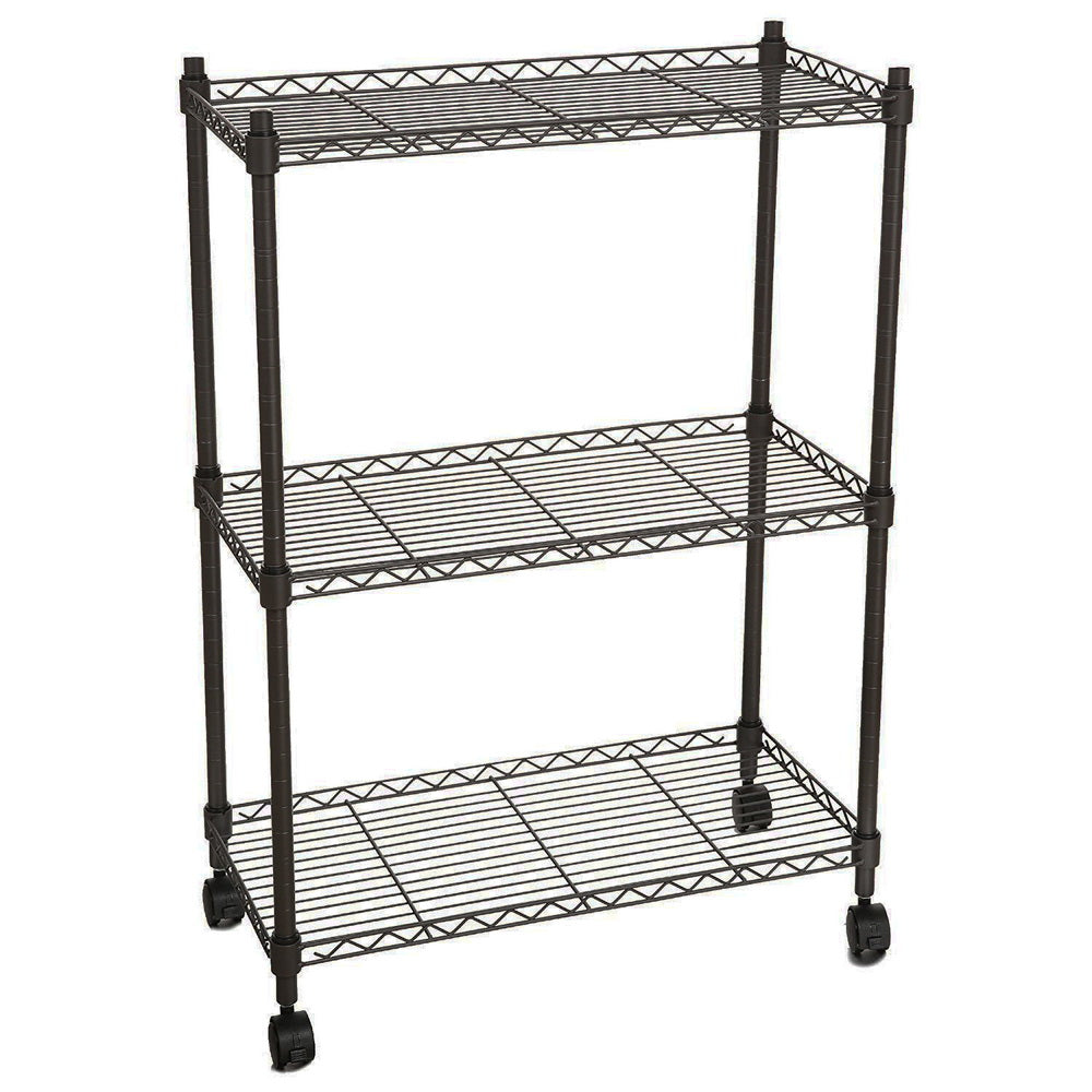 AEELLEEA 3-Tier Black Rolling Wire Storage Cart, Adjustable Metal Shelving Unit with Lockable Wheels for Kitchen Microwave Organizer