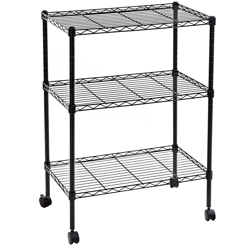 AEELLEEA 3-Tier Black Rolling Wire Storage Cart, Adjustable Metal Shelving Unit with Lockable Wheels for Kitchen Microwave Organizer